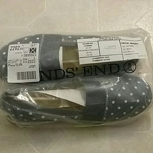 Chambray with dots, Lands End slip-ons, sz  8.5